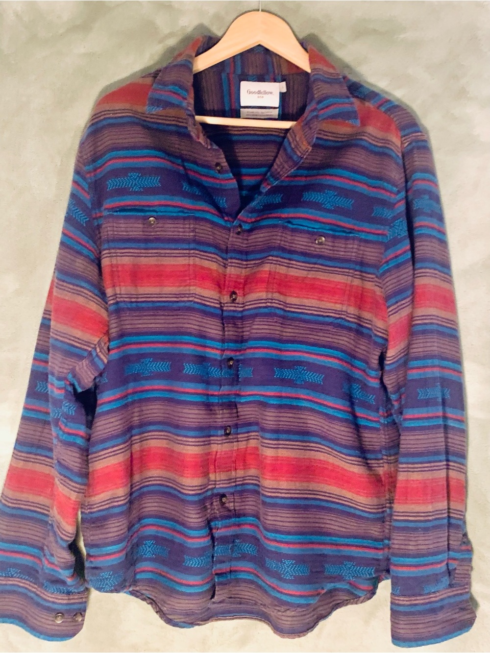 Aztec print Multicolor Striped Button-Down Shirt - Blue & Red